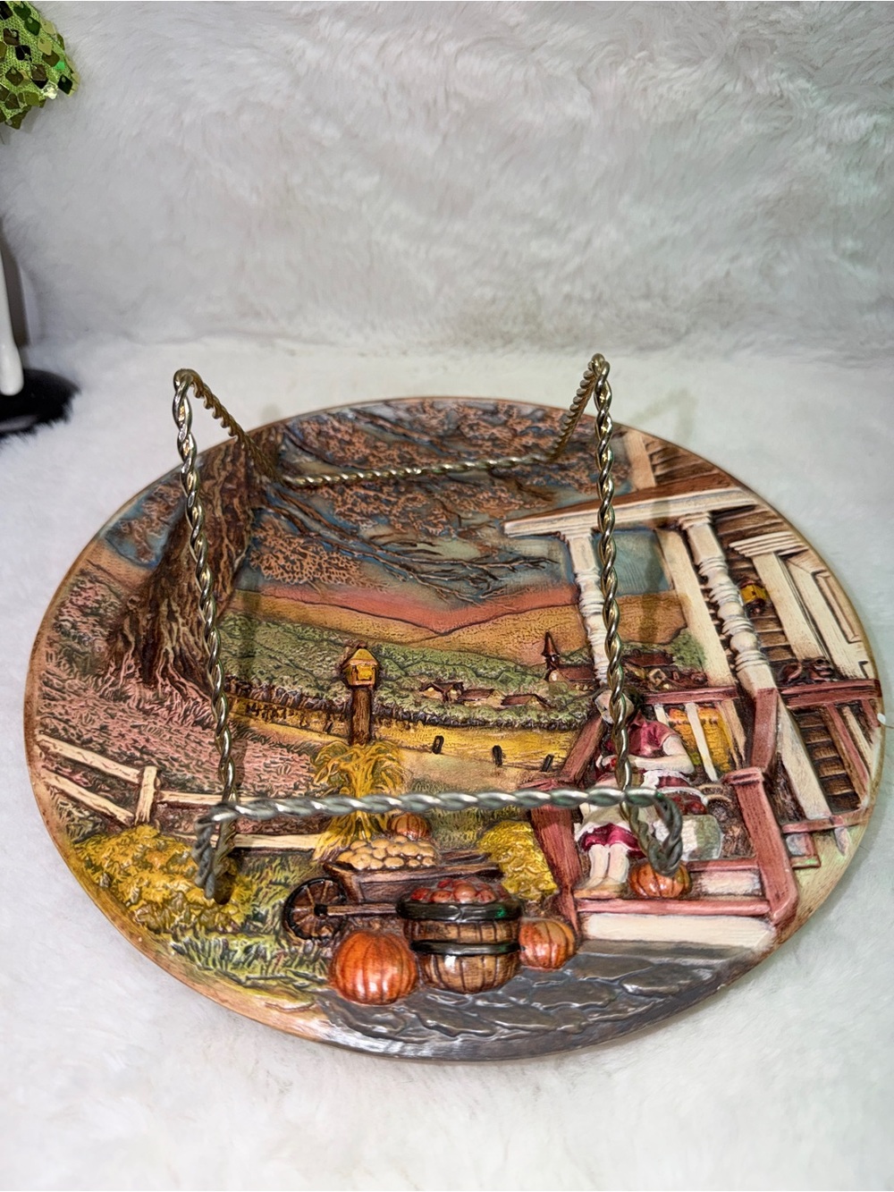 Hand Painted Ceramic 2D Autumn Harvest Scene Plate w/ Woman on Porch 🍎 - Picture 3 of 4